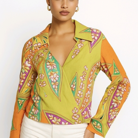 Haute Hippie Tops - Haute Hippie Blouse Boho Green Orange Floral Long Sleeve Surplice Collar…